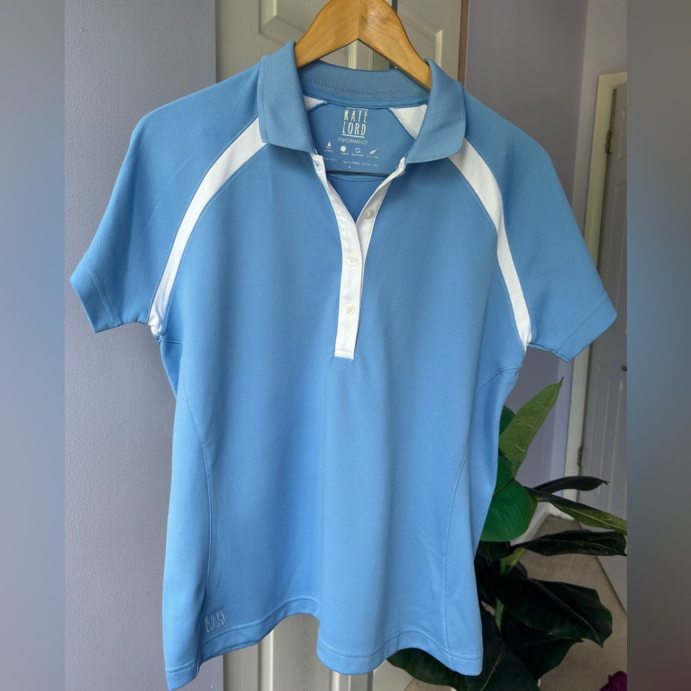 NWOT Kate Lord Performance Golf Polo Shirt Blue White Large KL16